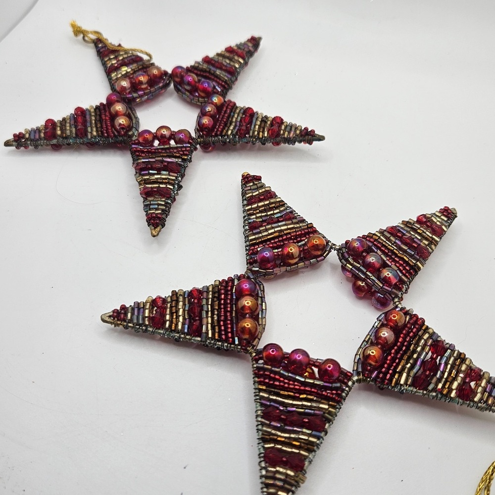 Vintage Beaded Star Christmas Ornaments Set of 2 Handmade‎ Bead Holiday Decor